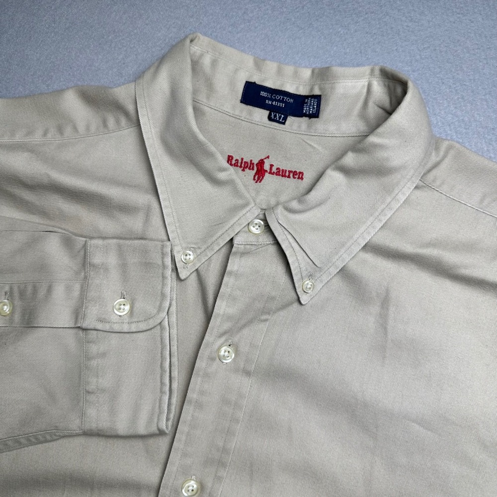 Ralph Lauren The Blaire Button Down Men XXL Tan Cotton Twill Red Pony Logo